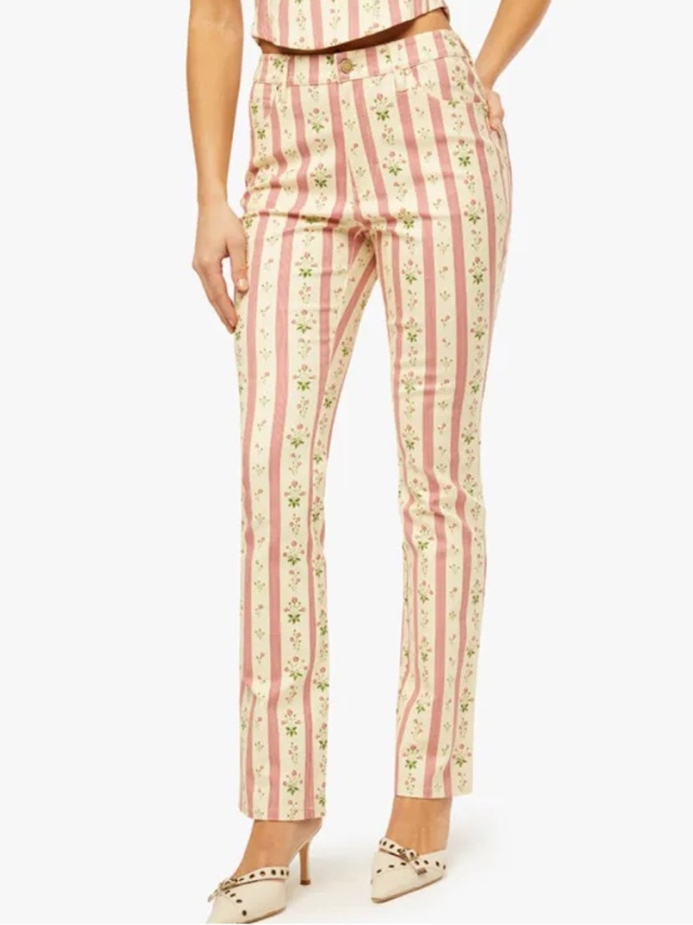 NWT WeWoreWhat Mid-Rise Ankle Flare Pants in Ivory Floral Stripe Print